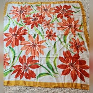 ENRICO COVERI Scarf 35x35" Square Flowers Orange Yellow Gold Border Rolled Edge